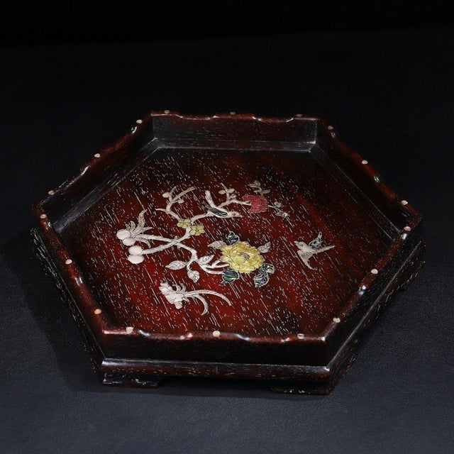 Traditional Late 20th Century Hexagonal Wood Tray With Mother-of-Pearl Bird and Floral Inlay For Sale - Image 3 of 10