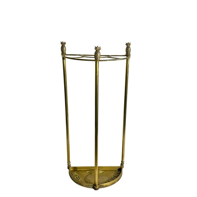 Vintage Cast Brass Demi Lune Umbrella Stick Stand With Pineapple Finials For Sale - Image 17 of 17