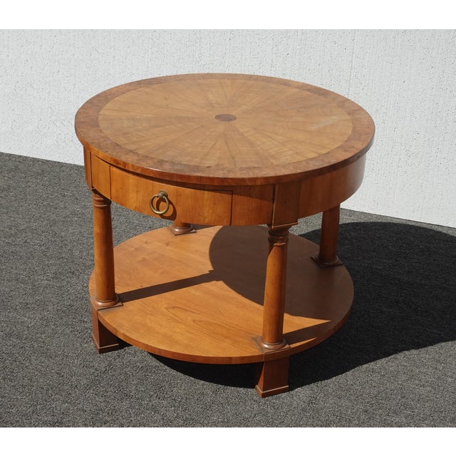 Baker Furniture Company Vintage Neoclassical Baker Side Table Stand W Round Sunburst Table Top & Drawer For Sale - Image 4 of 12