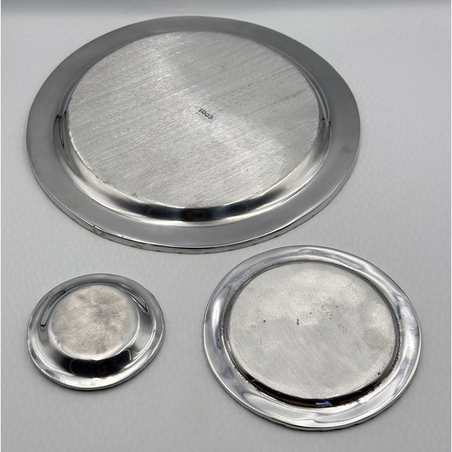 Mexican Vintage Mexican Heavy Aluminum Pewter Dinner Charger, Dessert, Coaster Plate 3pc For Sale - Image 3 of 7