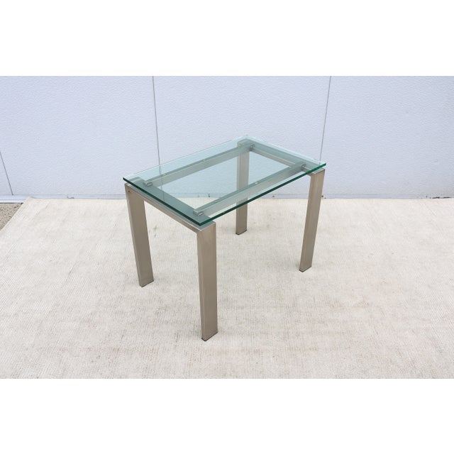 Silver 1980's Custom Made Brushed Stainless Steel & Clear Glass Rectangular Side Table For Sale - Image 8 of 12