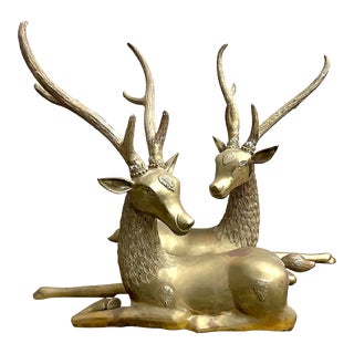 Hollywood Regency Mid Century Solid Brass Deer Bucks - a Pair For Sale