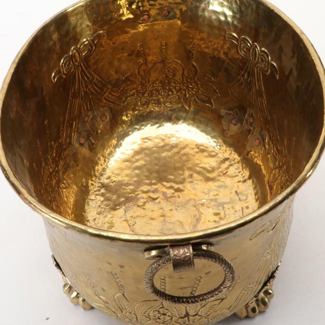 English Vintage Brass Plated Ring Handled Claw Foot Repoussé Jardinière Log Holder Planter For Sale - Image 3 of 10