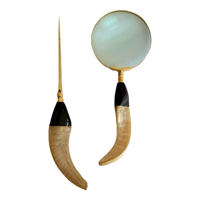 1970s Vintage Hollywood Regency Horn & Brass Magnifying Glass & Letter Opener Desk Set For Sale
