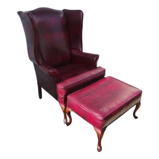 Vintage English Georgian-Style Wingback Oxblood Upholstery Lounge Chair & Matching Ottoman For Sale