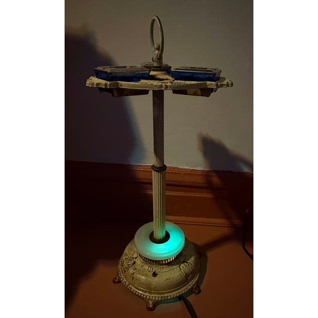 1930s Art Deco Cast Iron and Cobalt Glass Standing Ash Tray With Lit Base For Sale - Image 5 of 5