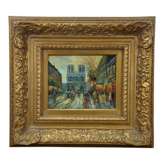 Impressionist Paris Cityscape Oil on Board Painting Notre Dame Baroque Frame 20" For Sale