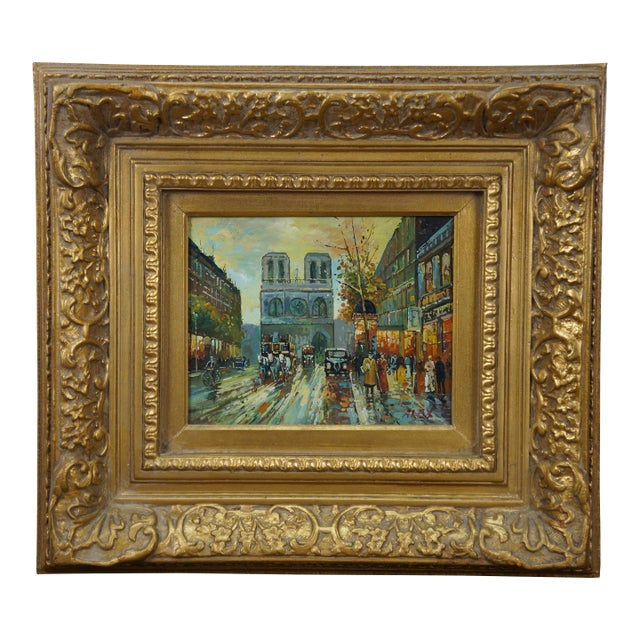Impressionist Paris Cityscape Oil on Board Painting Notre Dame Baroque Frame 20" For Sale