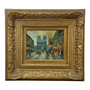 Impressionist Paris Cityscape Oil on Board Painting Notre Dame Baroque Frame 20"