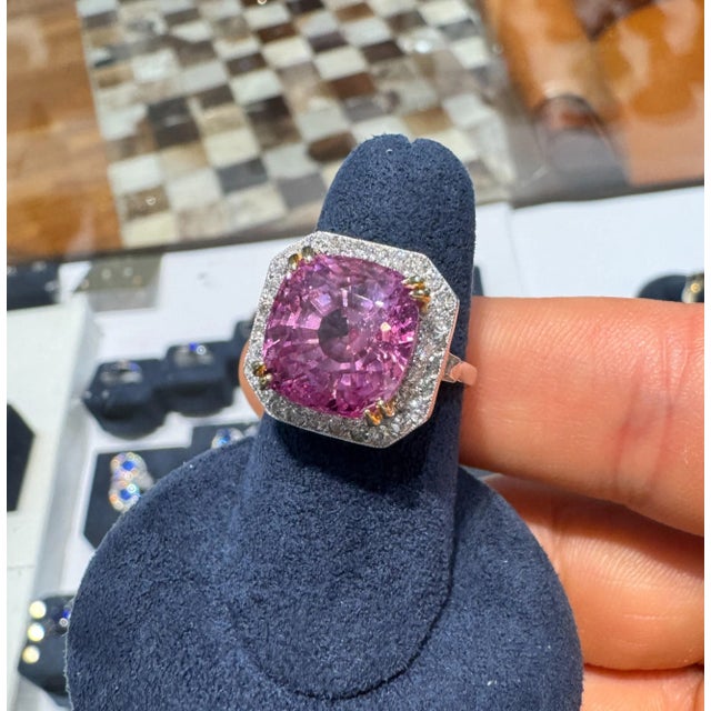 2010s AGL Certified 10.88 Carat Cushion Cut Pink Sapphire & Diamond Halo Ring, Size 6 For Sale - Image 5 of 5