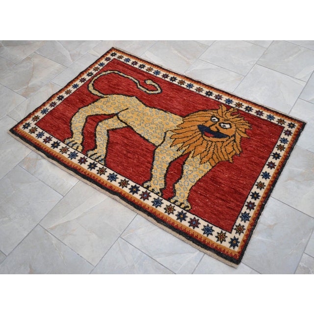 2020s Quirky Lion Oushak Rug 3x5, Whimsical Folk Art Wool Rug, Terracotta Red Turkish Area Rug, Small Hand Knotted Leopard Rug for Entryway 3'5" X 5'1" For Sale - Image 5 of 16