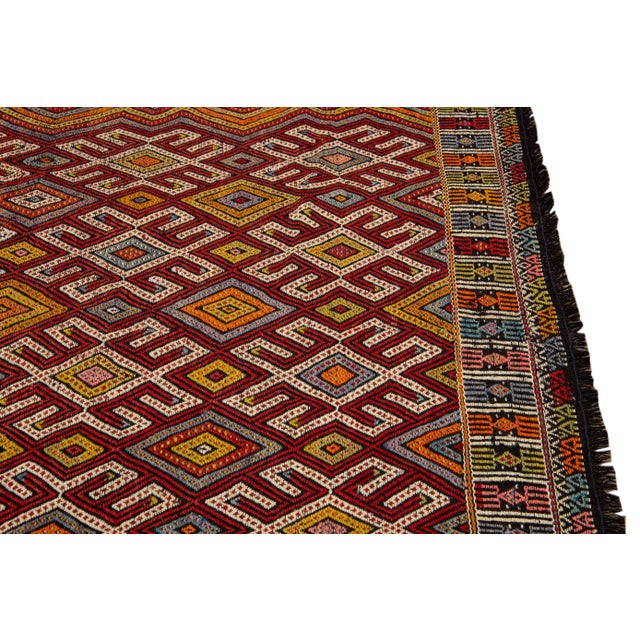 1960s Vintage Persian Soumak Handmade Ruby-Red Geometric Wool Rug For Sale - Image 5 of 8