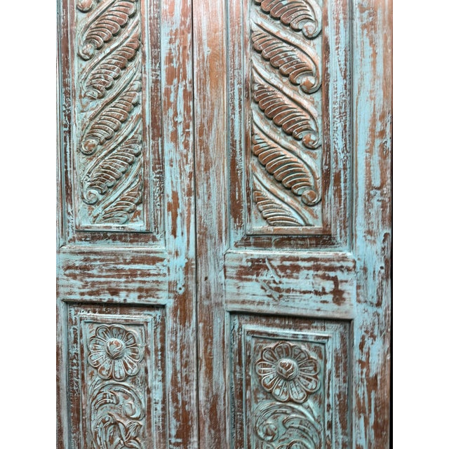1920s Vintage Carved Blue Floral Closet Doors – Rustic Reclaimed Wood Double Doors 80x35 For Sale - Image 5 of 6