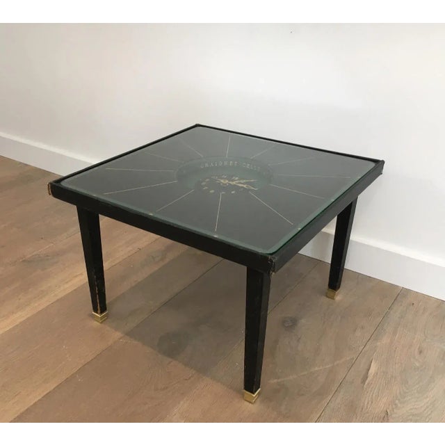 In the Style of Jacques Adnet, Black Leather and Brass Small Clock Table For Sale - Image 9 of 13