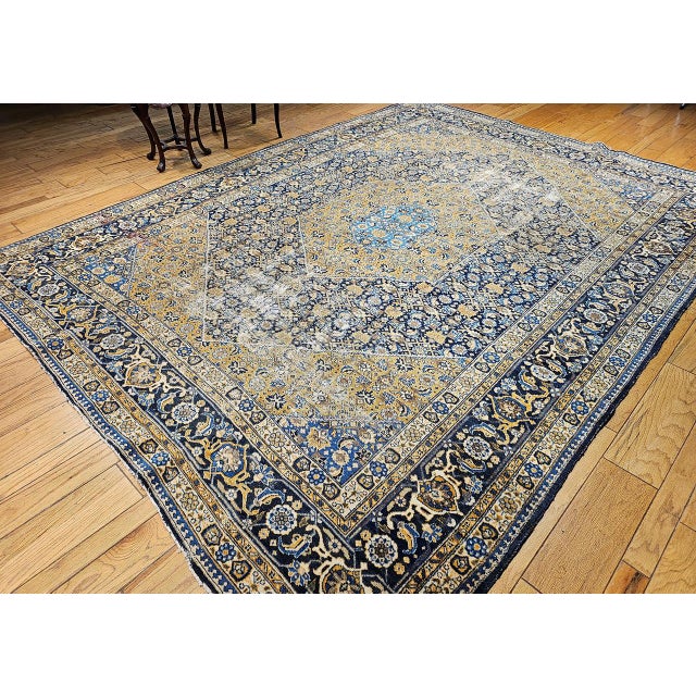 Vintage Persian Tabriz Rug, Hand-Knotted Wool, Herati Geometric Pattern, Navy & Camel, 10x13 For Sale - Image 13 of 13