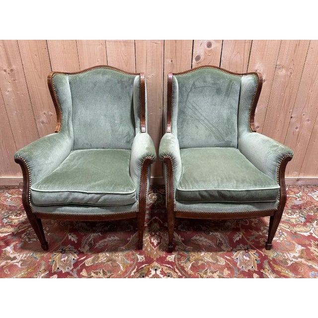 Wood Louis XVI Style Wingback Armchairs, Set of 2 For Sale - Image 7 of 7