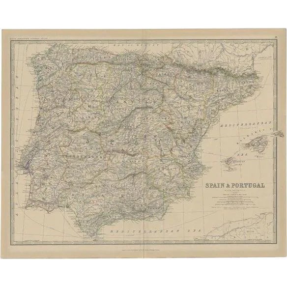 Antique Map of Spain and Portugal, 1882 For Sale