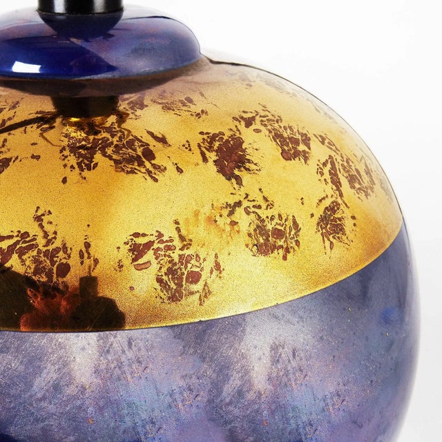 Postmodern Pair Round Blue and Gold Iridescent Table Lamps | by Casual Lamps 1980 For Sale - Image 3 of 11