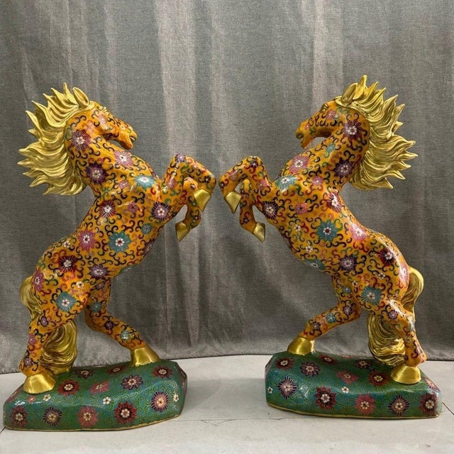 Mid 20th Century Monumental Pair of Vintage Cloisonné Enamel Rearing Horses For Sale - Image 5 of 9