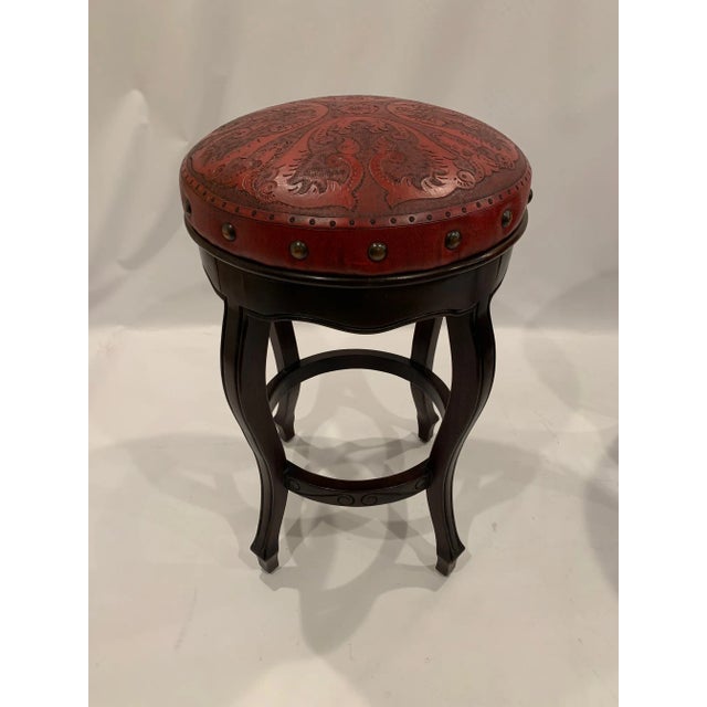 Italian Italian Embossed Leather and Wood Bar Stools -A Pair For Sale - Image 3 of 9