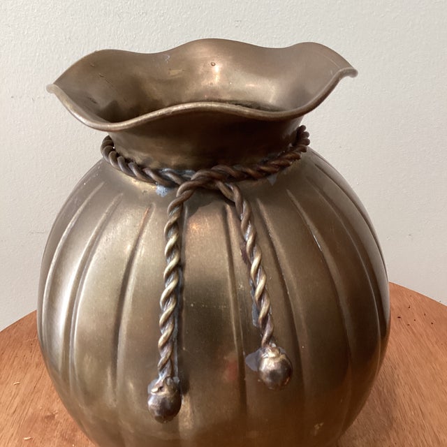 Mid 20th Century Penco Brass Vase W/Fluted Sides, Scalloped Top and Decorative Rope Tie For Sale - Image 11 of 12
