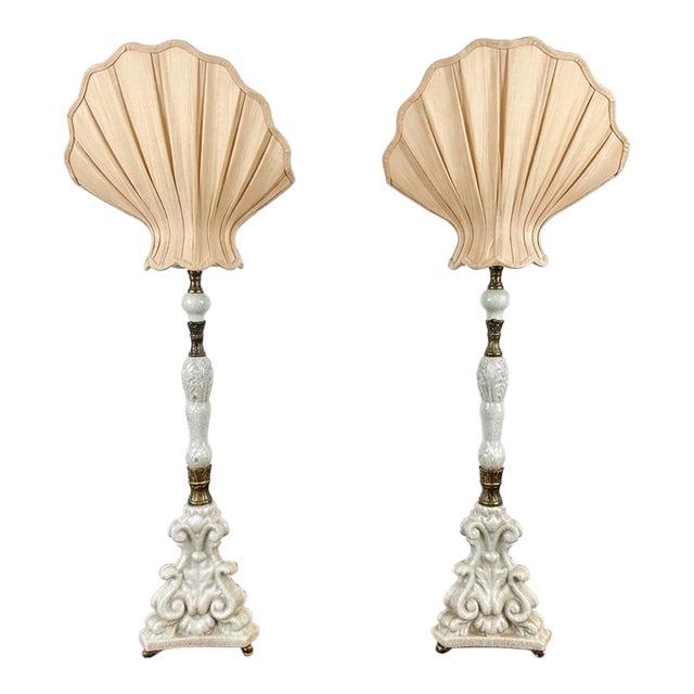 Late 20th Century White Porcelain Buffet Lamps With Silk Shell Shades - a Pair For Sale