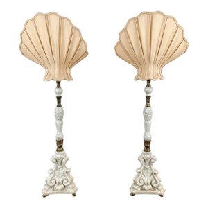 Late 20th Century White Porcelain Buffet Lamps With Silk Shell Shades - a Pair