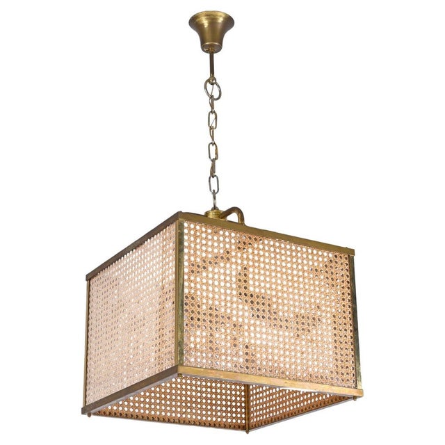 Vienna Straw Wicker, Glass Square & Brass Chandelier Lamp, Italy, 1950s For Sale - Image 17 of 17