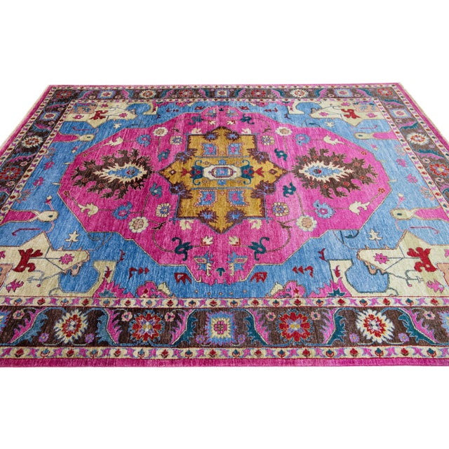 2010s 2010s Handmade Blue & Pink Modern Silk Rug With Medallion Design For Sale - Image 5 of 7