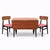 A stylish mid-century teak drop-leaf dining table with distinctive atomic-style tapered legs and brass feet, accompanied...