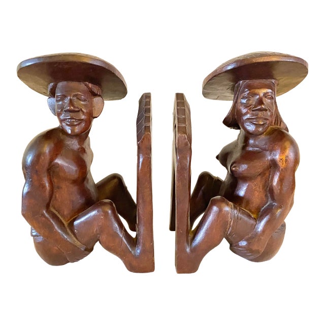 Vintage Carved Wood Tribal Figure Bookends For Sale