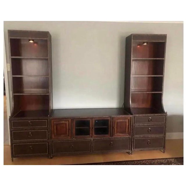 Transitional Mahogany 3 Piece Wall Unit Lighted Curious and Storage. Leather Tops. For Sale - Image 3 of 12