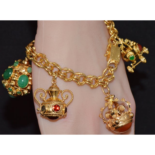 Vintage Portuguese Italian Solid 19.2k & 18k Gold Etruscan Revival Multigem Fob Charm Bracelet For Sale - Image 9 of 15