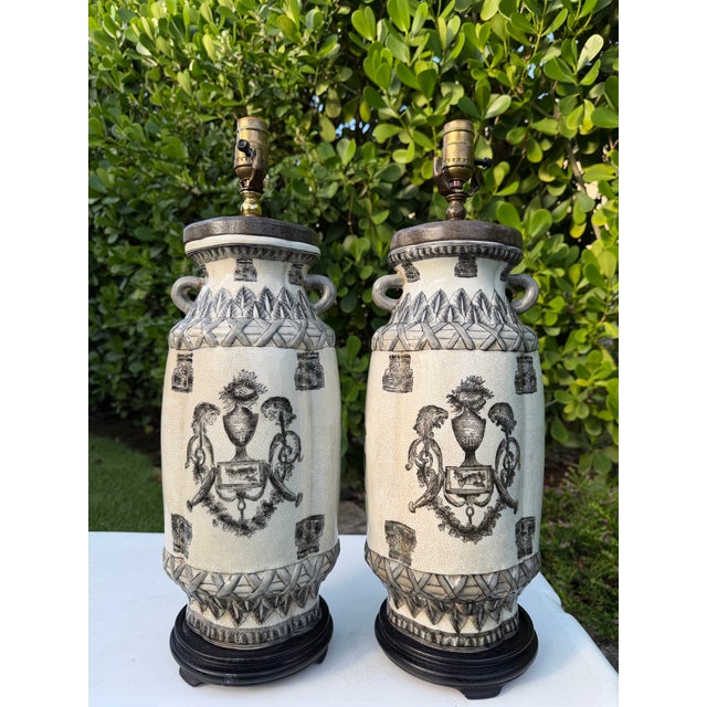Ivory Vintage Oversized Crackle Glaze Art Pottery Urn Lamps, Pair For Sale - Image 8 of 11
