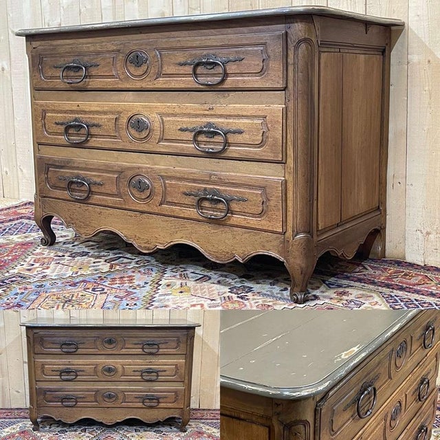 18th-century Louis XV-style chest of drawers in walnut, with a top painted in a weathered gray finish