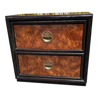 1970’s Burl and Black Chinoiserie Nightstand For Sale