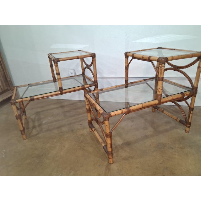 Wood Vintage Pair of Bamboo & Rattan 2 Tiered Glass Top End Tables For Sale - Image 7 of 8