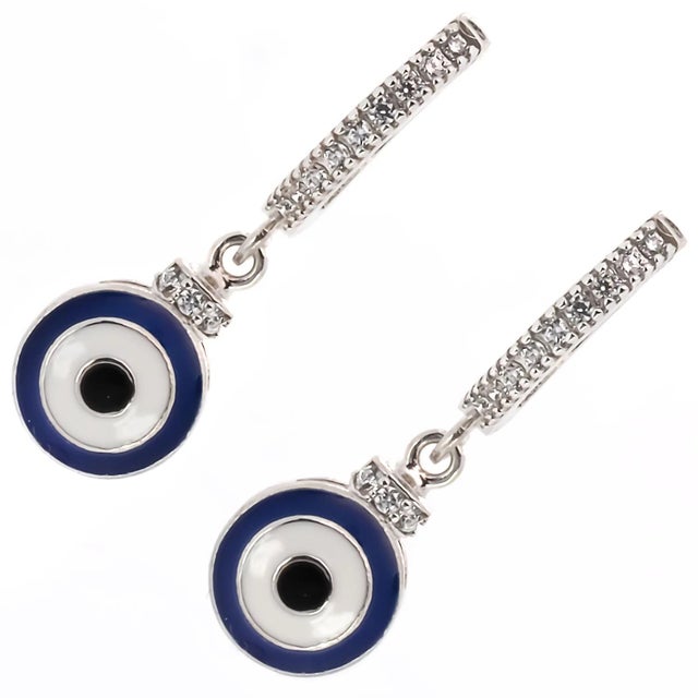 Blue Enamel Sterling Silver Diamond Hoop Evil Eye Earrings, A Pair For Sale - Image 4 of 6