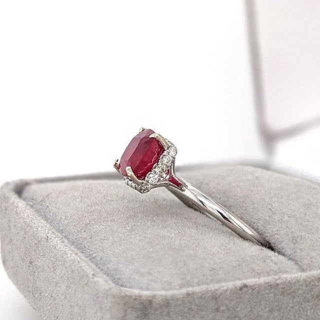 1.7Ct Ruby Ring With Earth Mined Diamonds Halo: Solid 14k Gold, Cushion Cut 7mm, Size 6.75 For Sale - Image 10 of 14