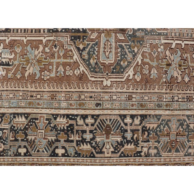 Persian Antique Heriz Rug With Geometric Design in Blue's, Tan, Cream, and Brown 11'5 X 14'7 For Sale - Image 13 of 17
