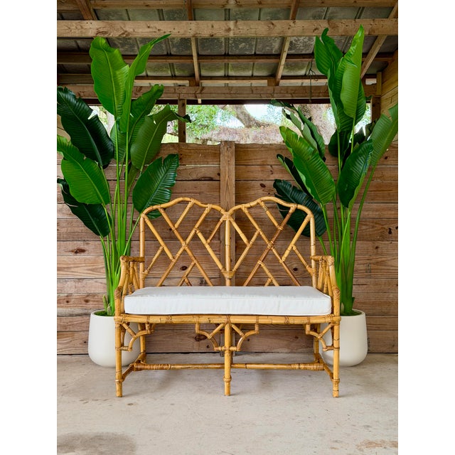 Vintage Rattan Chippendale Fretwork Settee Bench With New Sunbrella Cushion For Sale - Image 12 of 12