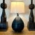 Generous in shape and color. Blue drip glaze. I recommend a larger shade with this. It is 29” tall to the top of this...