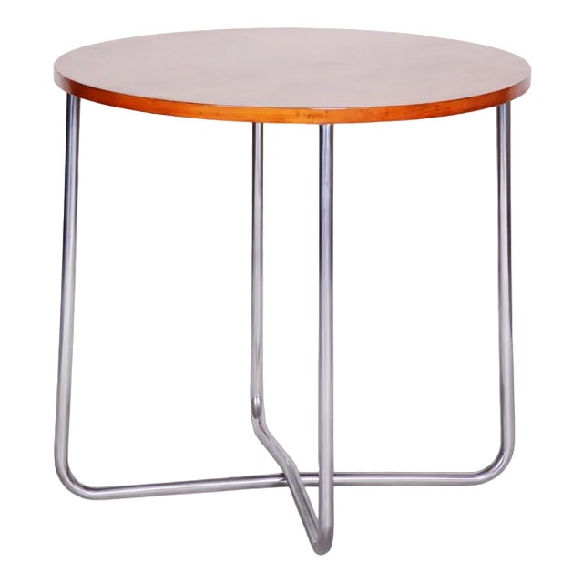 Bauhaus Round Tubular Chrome & Beech Coffee Table attributed to Vichr, 1930s For Sale