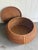 1950s-60s midcentury wicker round coffee table/storage ottoman with removable tray top. Excellent condition.