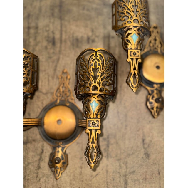Art Deco 1920s Art Deco Polychrome Sconces With Robin’s Egg Blue Accents and Slip Shades - Set of 3 For Sale - Image 3 of 12