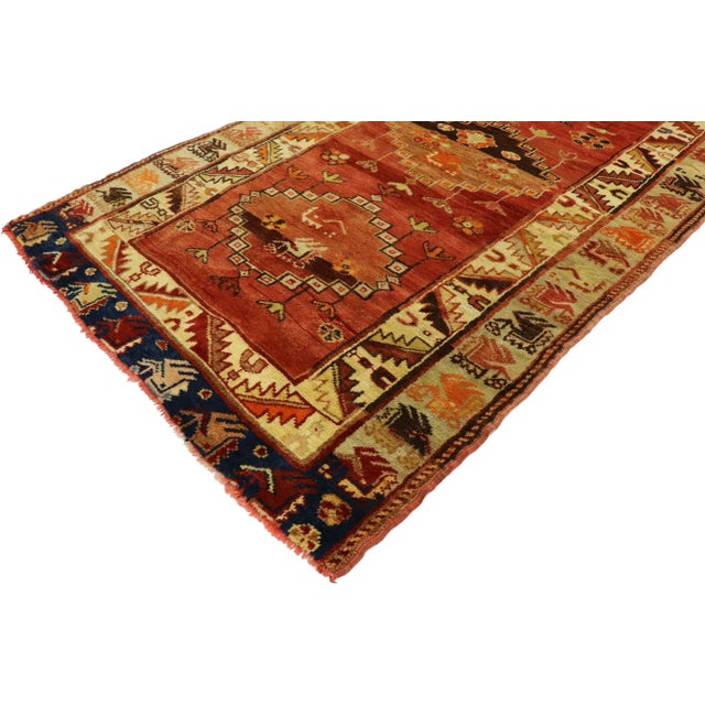 53096 Vintage Turkish Oushak Rug, ​03'07 x 06'04. ​Step into a world of tribal enchantment and nomadic charm with this...