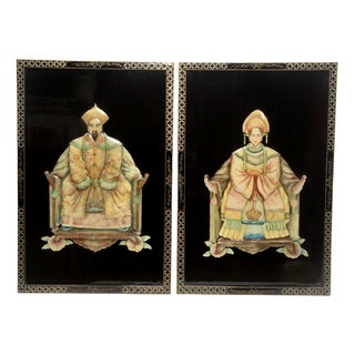 Large Chinese Emperor Kangxi and Jade Mosaic Empress Portraits, 1950s, Set of 2 For Sale
