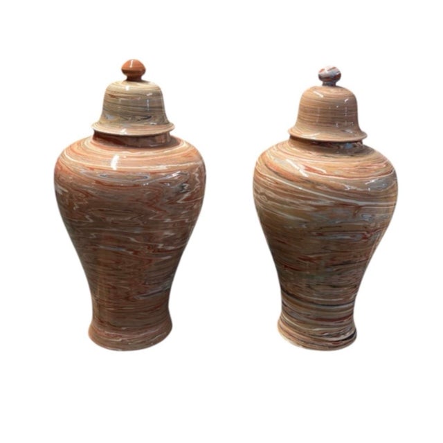 Mid-Century Modern Vintage Pair of Swirled Marbled Glaze Ceramic Temple Jars With Lids For Sale - Image 3 of 12