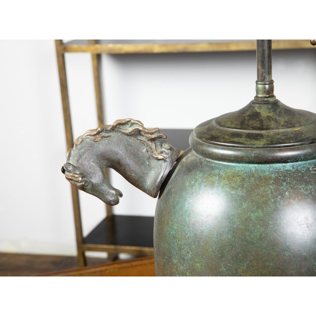 Midcentury English Verdigris Bronze Two-Light Table Lamp with Horse Heads For Sale - Image 9 of 10