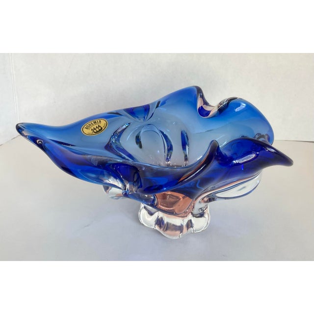 Bohemia Vintage Bohemia Czech Cobalt Blue & Pink Art Glass Centerpiece Bowl For Sale - Image 4 of 11